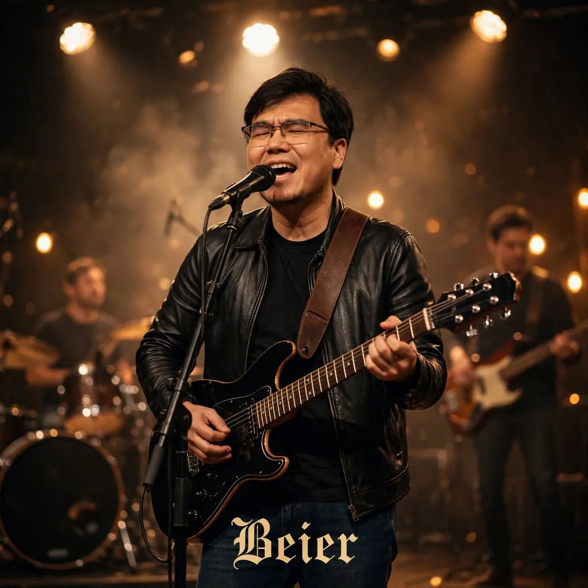 Beier LI singing into a microphone on stage with a black electric guitar